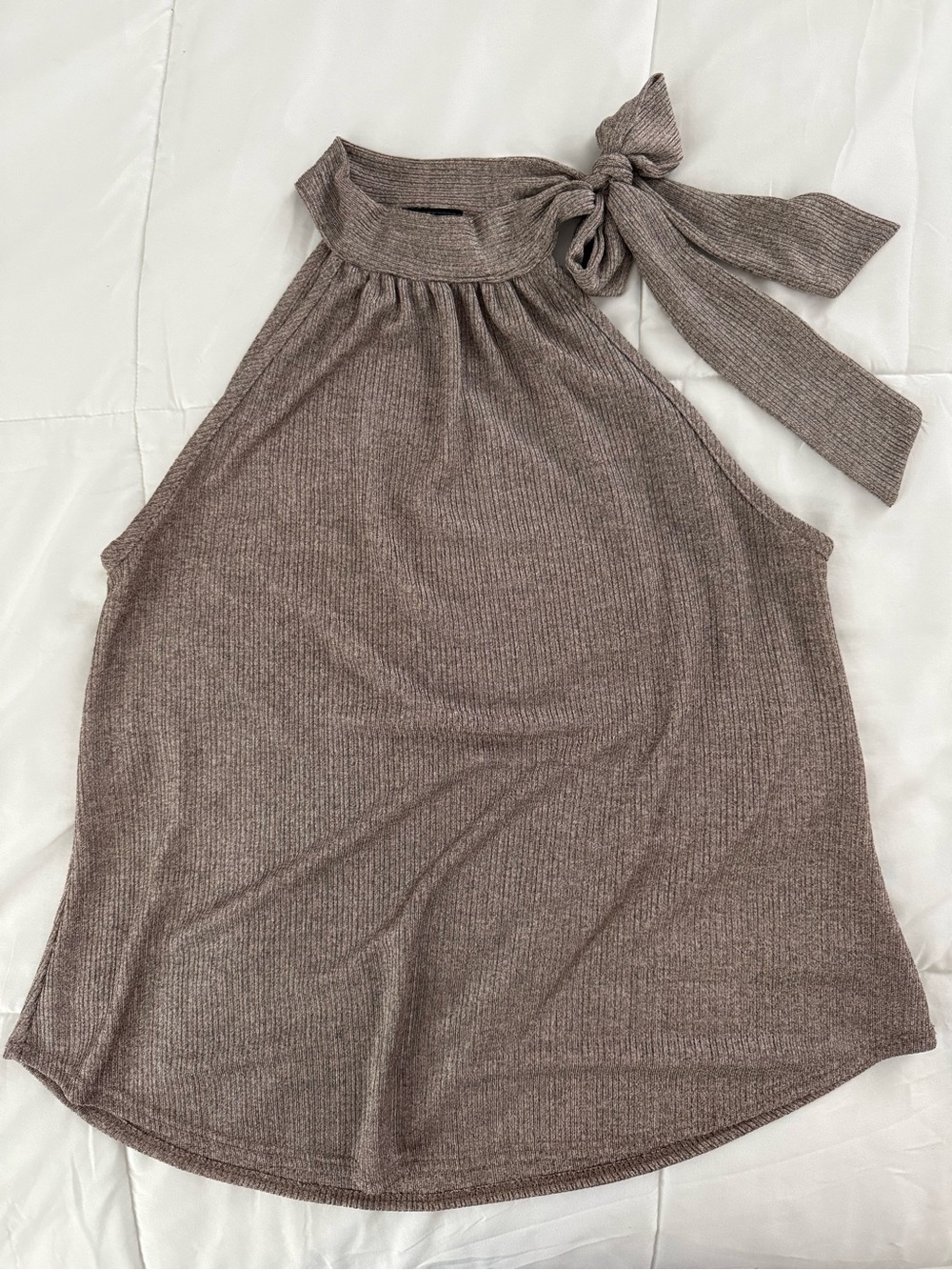 Ribbed Halter Neck Top with Side Bow – Brown